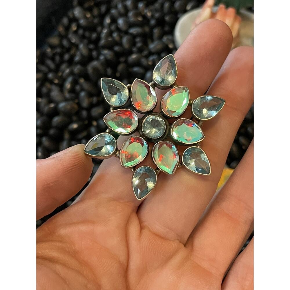Native Sw Sterling Faceted Multi-stone Blue Green Rainbow Borealis Cluster Ring - Picture 7 of 12
